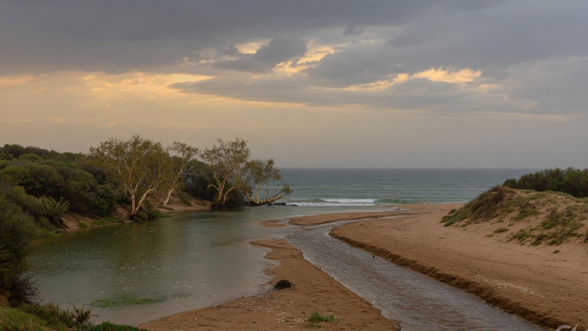 Tidal lagoon entrance and sandbar on the Northern Beaches