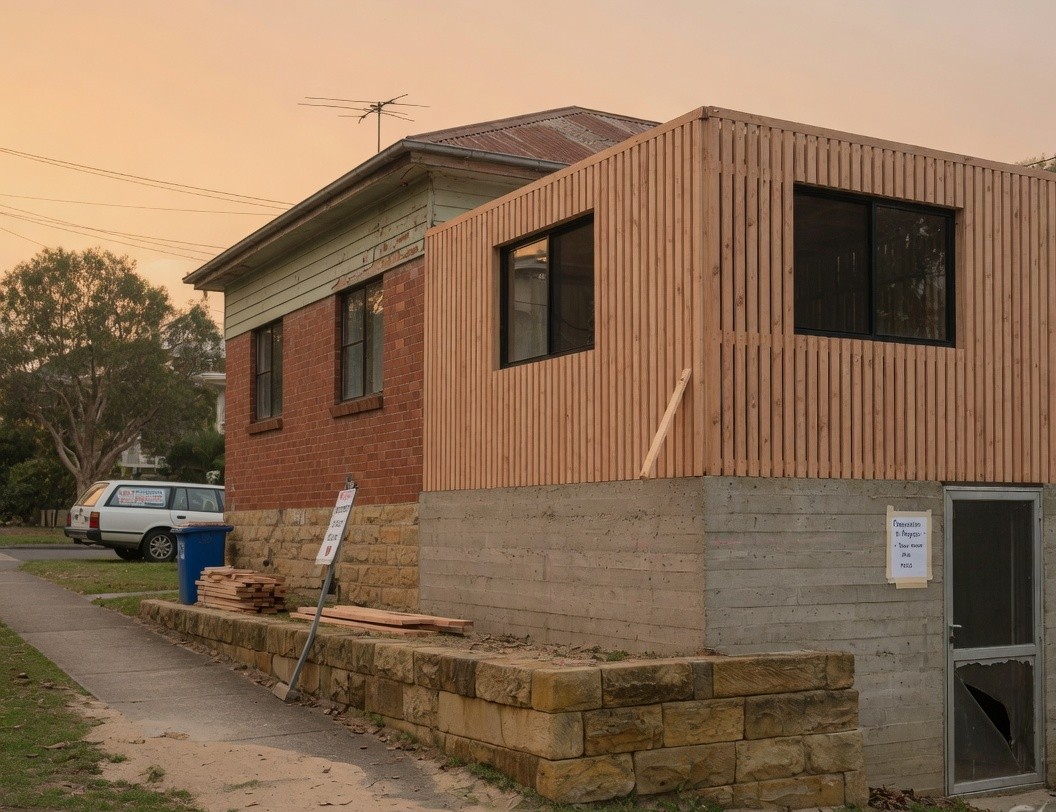 Brick bungalow with a spotted-gum addition on a sandstone retaining wall