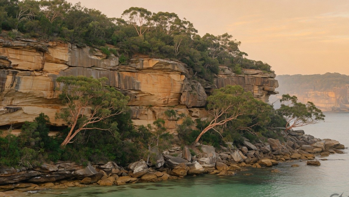 Sandstone headland with angophora over the water